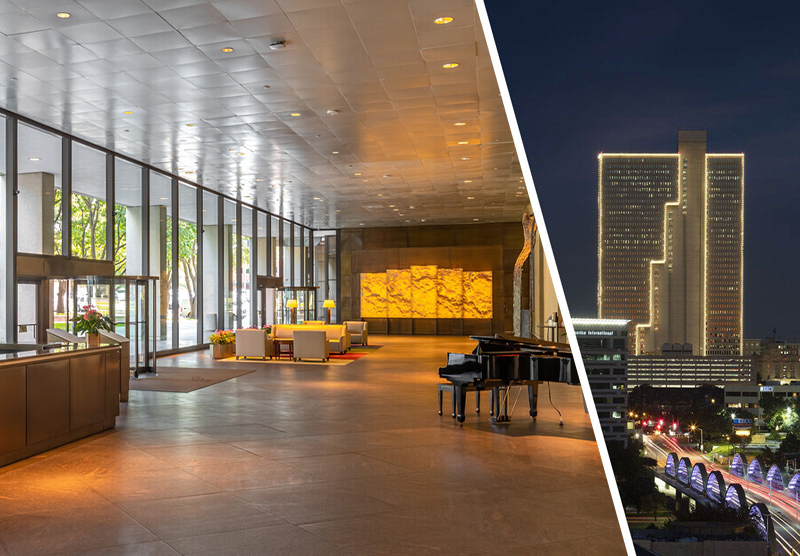 Interior lobby and Burnett Plaza at night